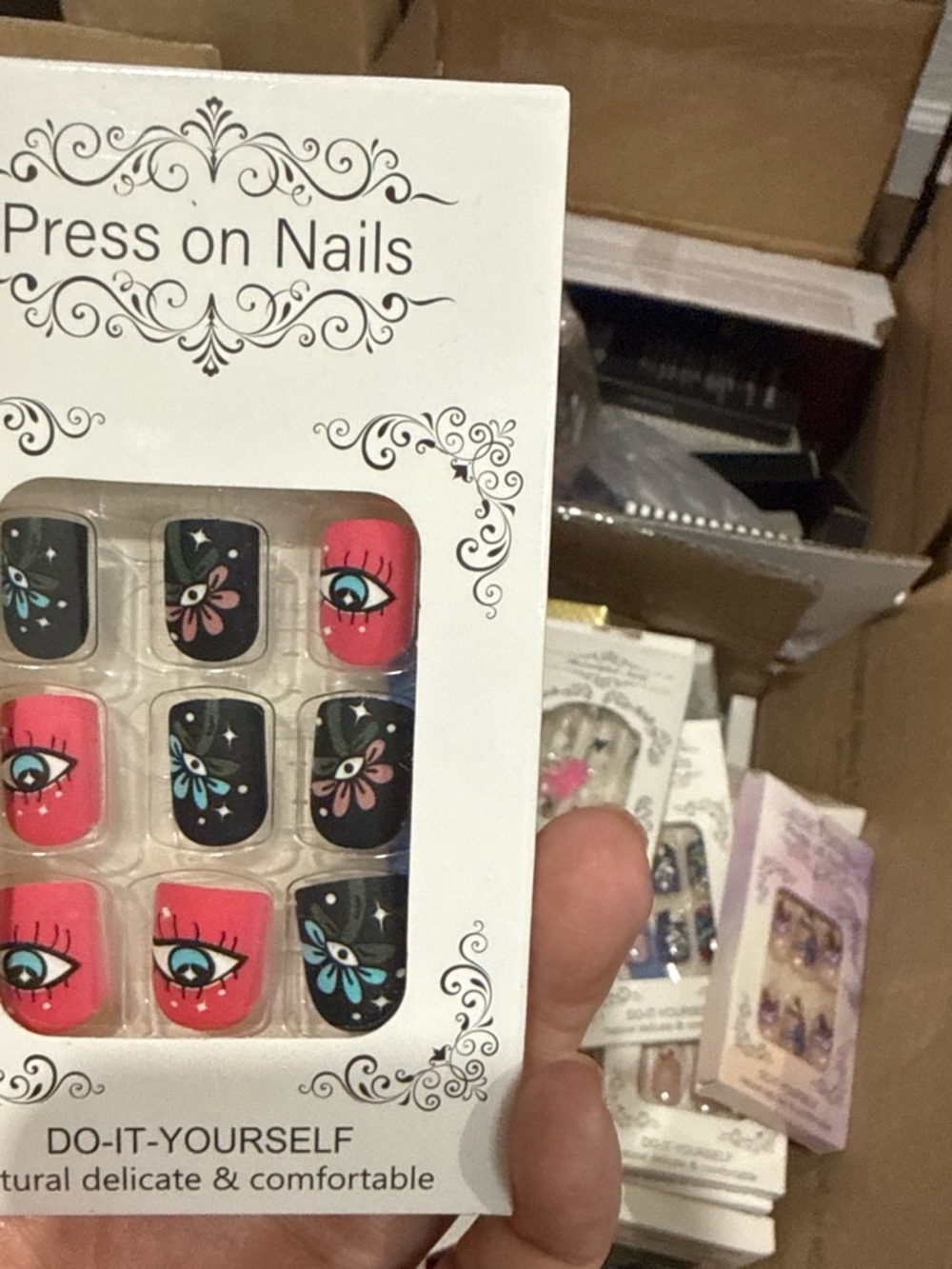 Stylish Black & Pink Press-On Nail Set with Eye & Floral Art
